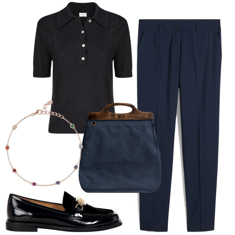 Outfit donna - Chic semplice. Stile Chic per Tutti i giorni. Abbinamento con pantaloni, braccialetti, mocassini, polo, borse a tracolla.