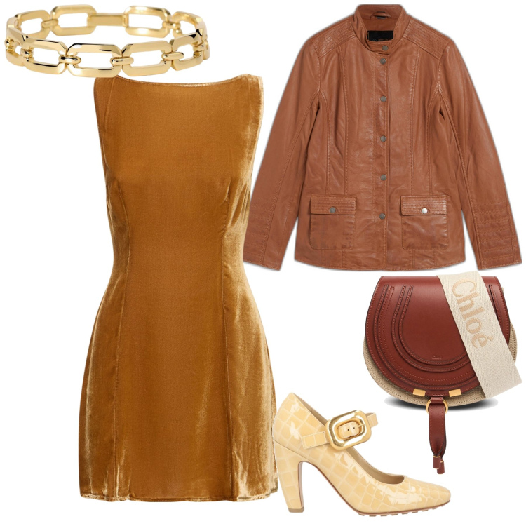 Outfit donna - Serata con i colori caldi. Stile Chic per Serata fuori. Abbinamento con blazer, décolleté, braccialetti, vestiti, borse a spalla.