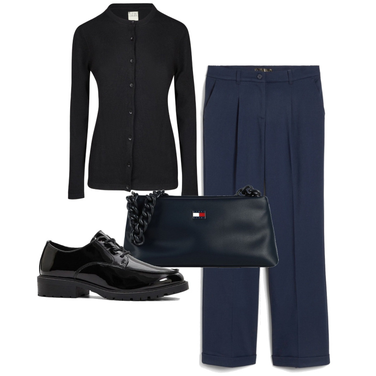 Outfit donna - Chic semplice. Stile Chic per Tutti i giorni. Abbinamento con borse a mano, pantaloni, scarpe stringate, cardigans.
