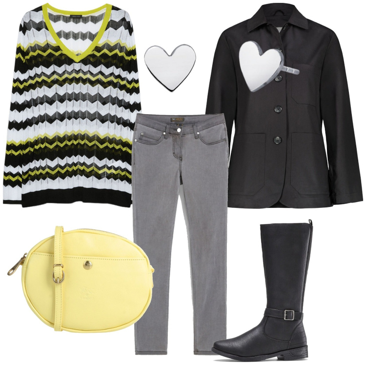 Outfit donna - Total look #2049930. Stile Casual per Tutti i giorni. Abbinamento con stivali, jeans dritti, borse a tracolla, orecchini, blazer, maglieria.