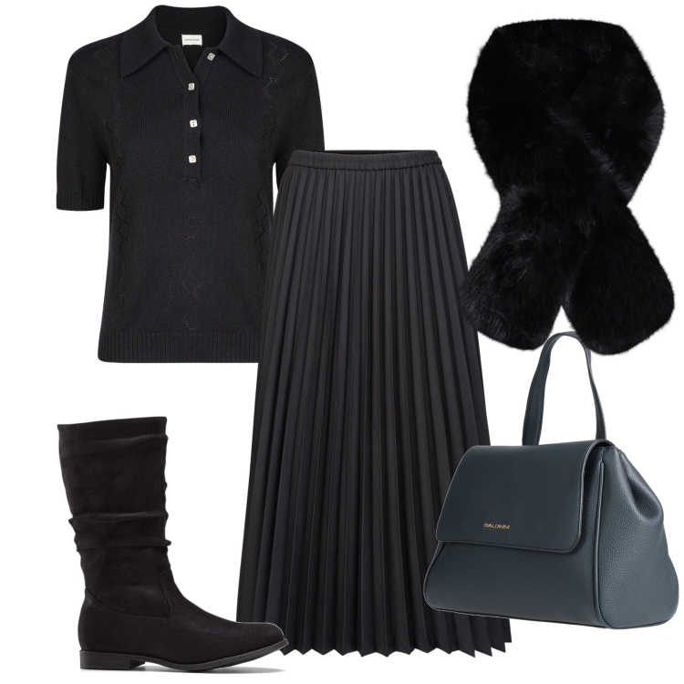 Outfit donna - Ufficio rigorosamente bon ton. Stile Urban per Ufficio. Abbinamento con stivali, zaini, foulard, gonne longuette, polo.