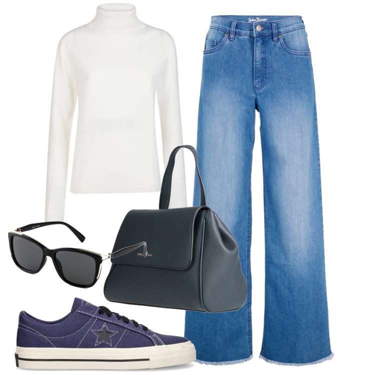Outfit donna - Semplice per partire. Stile Basic per Tutti i giorni. Abbinamento con jeans, occhiali da sole, zaini, sneakers, maglieria.