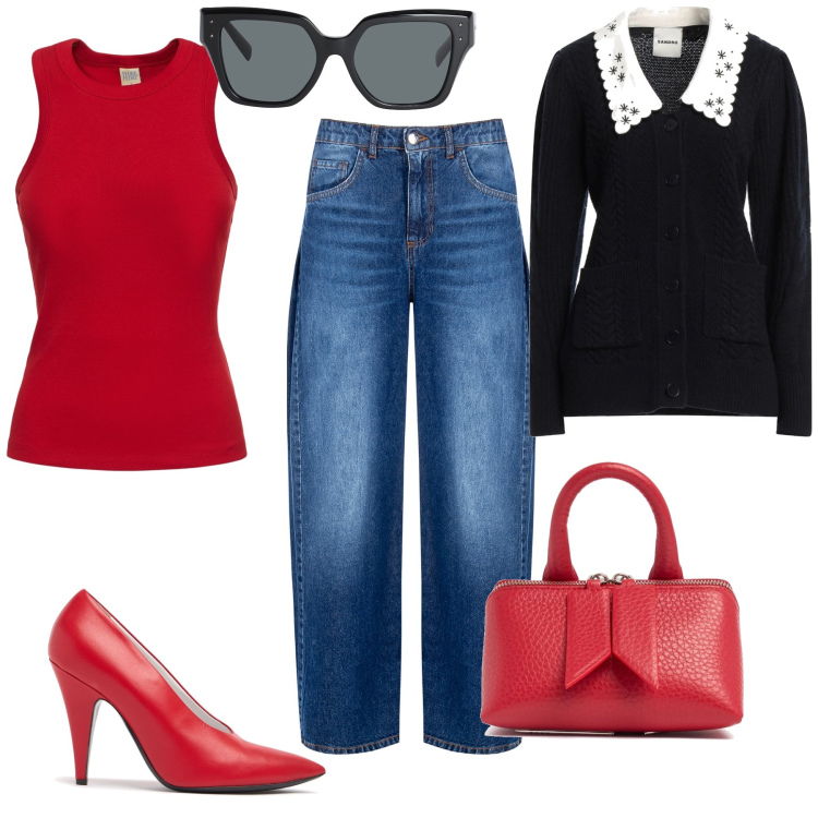 Outfit donna - Sexy jeans. Stile Glamour per Tutti i giorni. Abbinamento con occhiali da sole, cardigans, jeans, borse a mano, décolleté, canottiere.