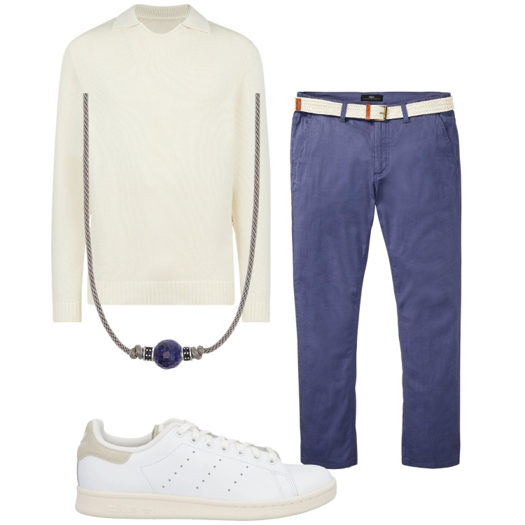 Outfit uomo - Total look #2049942. Stile Trendy per Tutti i giorni. Abbinamento con pantaloni chino, sneakers, collane, maglieria.