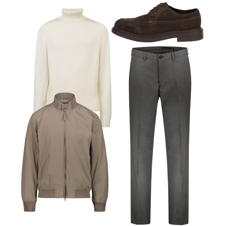 Outfit uomo - Neutri. Stile Casual per Tutti i giorni. Abbinamento con pantaloni, maglieria, scarpe stringate, giacche.