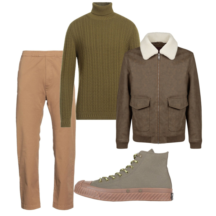 Outfit uomo - Total look. Stile Casual per Tutti i giorni. Abbinamento con sneakers alte, maglieria, pantaloni chino, giacche.