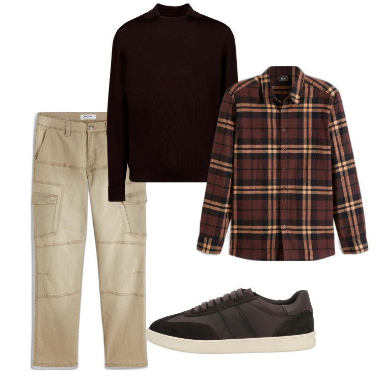 Outfit uomo - Total look. Stile Casual per Tutti i giorni. Abbinamento con sneakers, camicie, jeans dritti, maglieria.