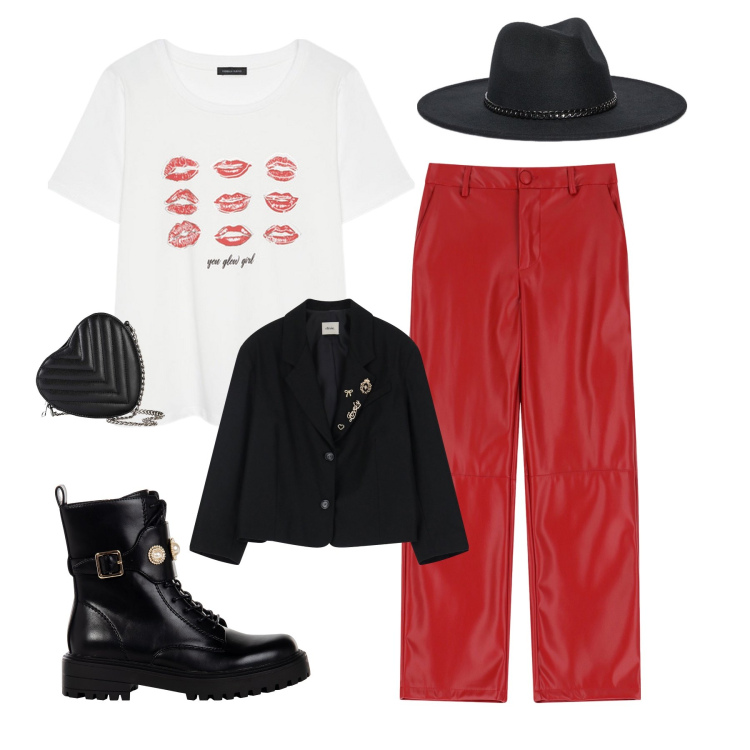 Outfit donna - Baci baci. Stile Trendy per Tutti i giorni. Abbinamento con borse a tracolla, anfibi, pantaloni, blazer, t-shirt, cappelli.