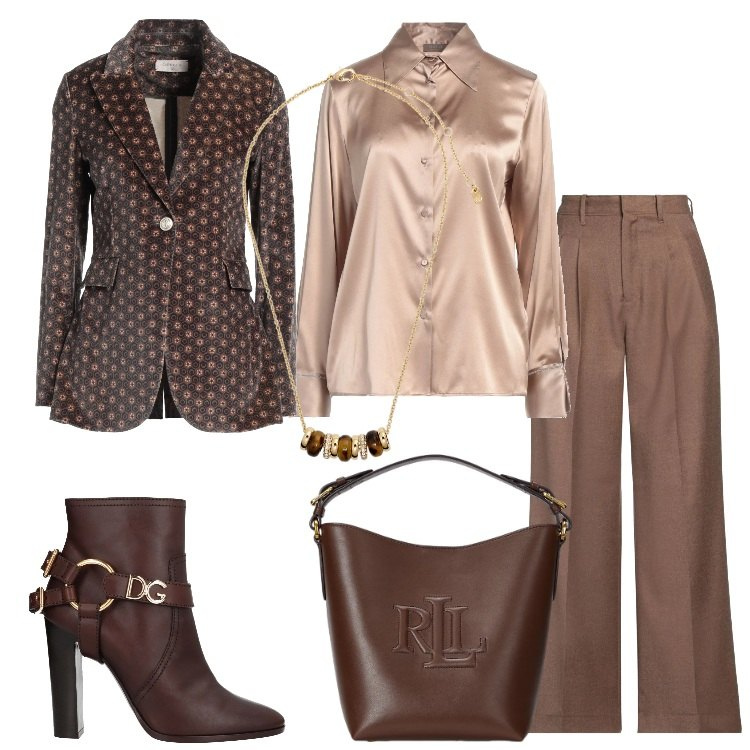 Outfit donna - Speciale: Mocha Mousse Pantone 2025. Stile Chic per Ufficio. Abbinamento con blazer, pantaloni, camicie, stivaletti, collane, borse a secchiello.