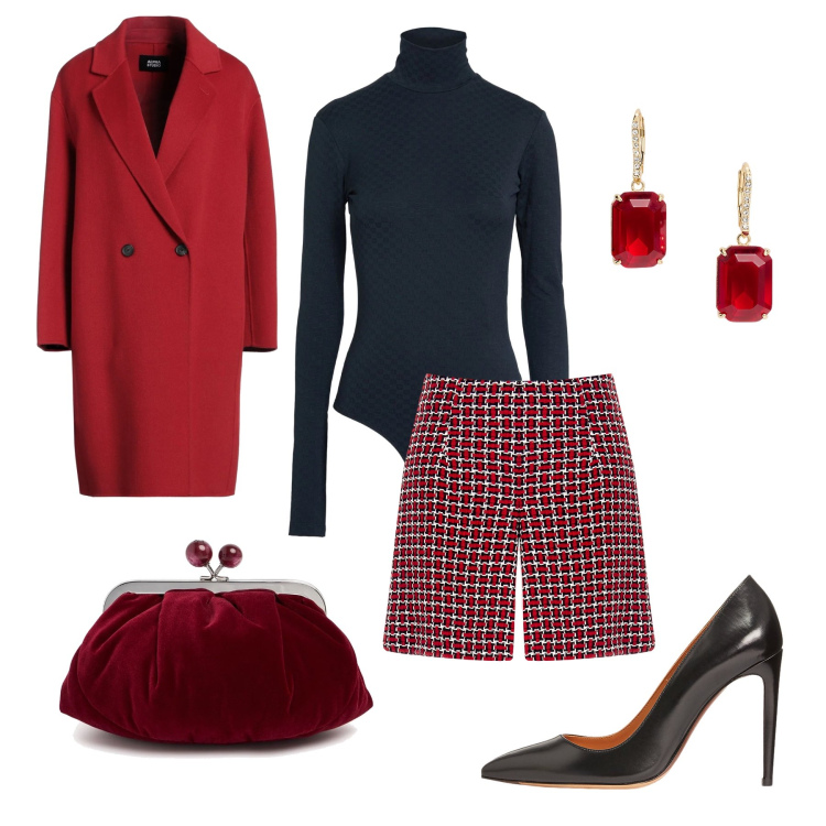 Outfit donna - Innamorata. Stile Glamour per Serata fuori. Abbinamento con cappotti, body, décolleté, orecchini, shorts, pochette.