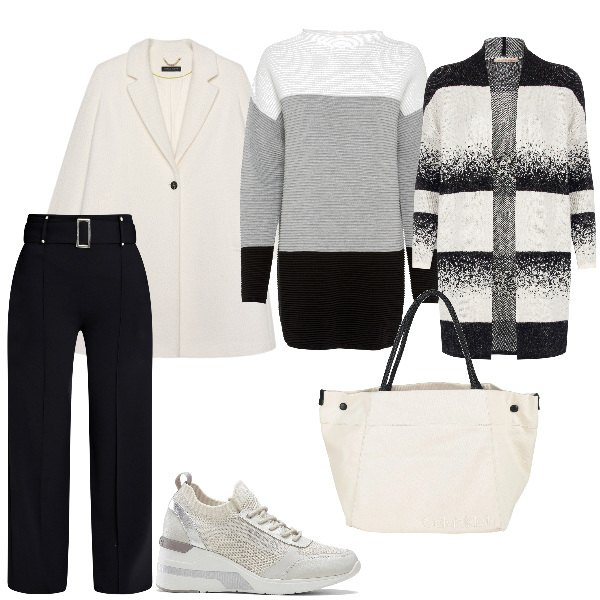 Outfit donna - Voglia di coccolarmi. Stile Casual chic per Ufficio. Abbinamento con maglieria, sneakers, borse a mano, cardigans, pantaloni, cappotti.