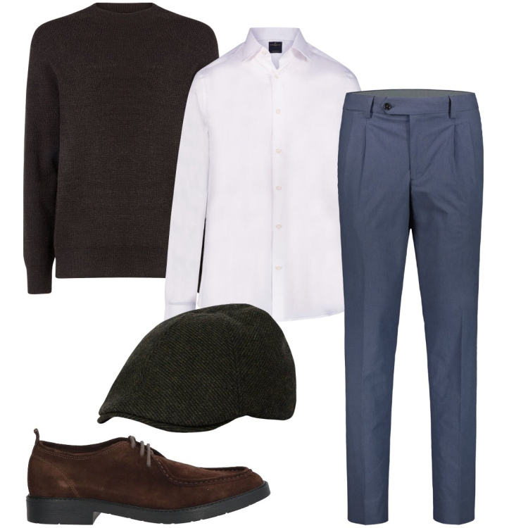 Outfit uomo - Con la coppola. Stile Business/Elegante per Ufficio. Abbinamento con scarpe stringate, camicie, maglieria, pantaloni, cappelli con visiera.