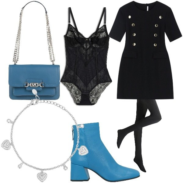 Outfit donna - Blue Valentine. Stile Bon Ton per Serata fuori. Abbinamento con body, collant, stivaletti, borse a spalla, vestiti corti, braccialetti.