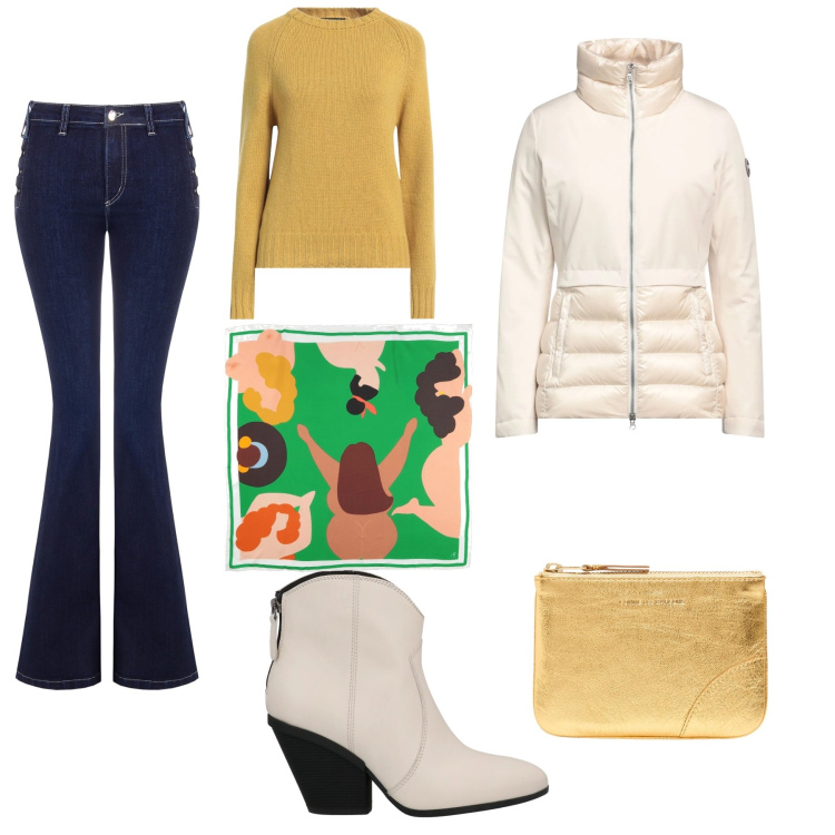 Outfit donna - Un tocco di giallo per scaldarsi. Stile Basic per Tutti i giorni. Abbinamento con stivaletti texani, pullovers, piumini, sciarpe, jeans a zampa, portafogli.