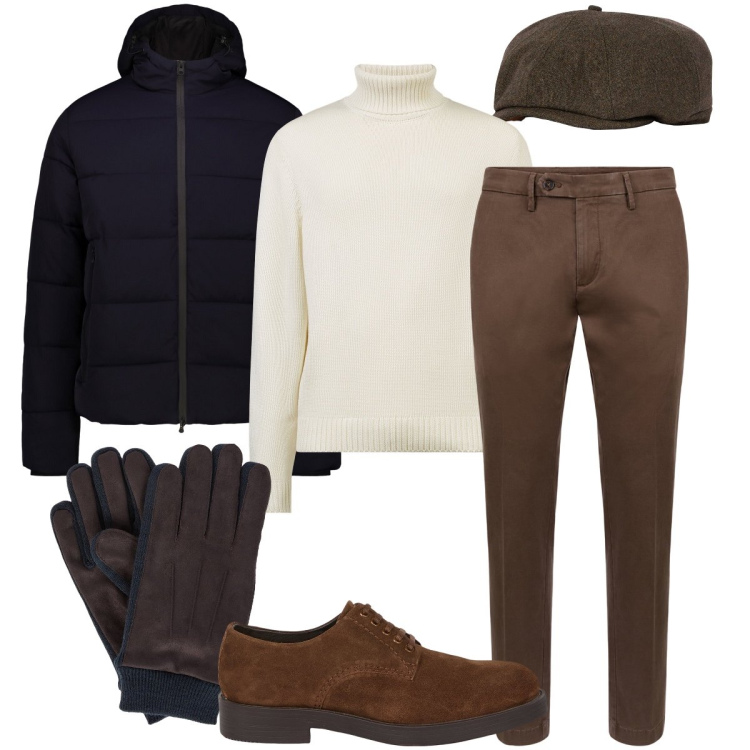 Outfit uomo - I giorni della merla. Stile Business/Elegante per Ufficio. Abbinamento con guanti, scarpe stringate, piumini, pantaloni chino, maglieria, cappelli e berretti.