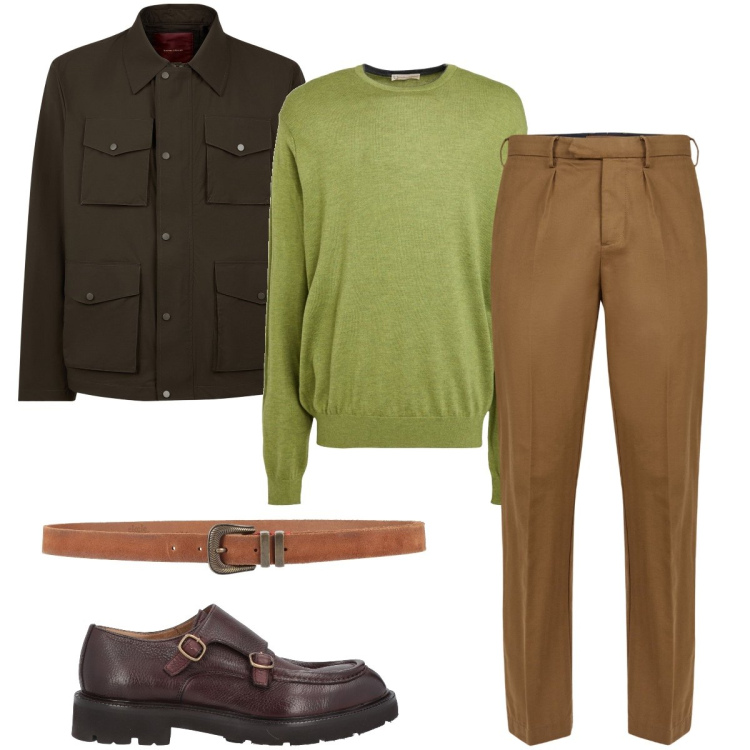 Outfit uomo - Verde e marrone. Stile Urban per Ufficio. Abbinamento con cinture, pullovers, scarpe stringate, pantaloni, giacche.