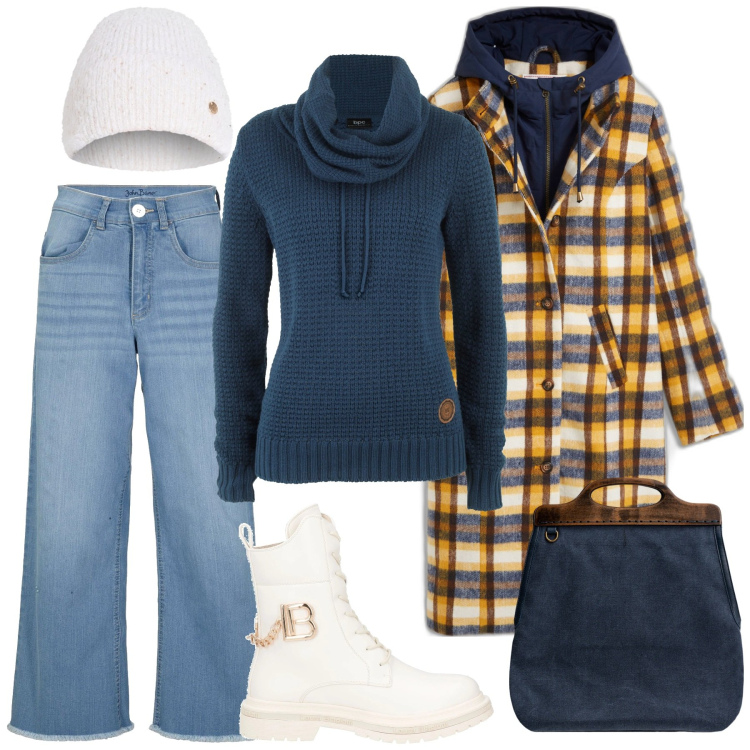 Outfit donna - I giorni della merla. Stile Casual per Scuola/Università. Abbinamento con cappotti, jeans, maglieria, anfibi, berretti, borse a tracolla.