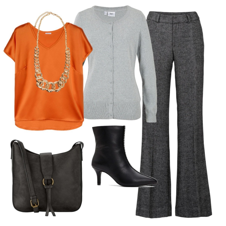 Outfit donna - Total look #2050020. Stile Casual chic per Ufficio. Abbinamento con pantaloni a palazzo, cardigans, borse a tracolla, stivaletti, t-shirt, collane.