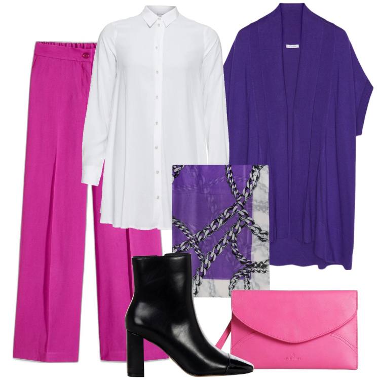 Outfit donna - Shades. Stile Glamour per Tutti i giorni. Abbinamento con camicie, pantaloni a palazzo, borse a mano, stivaletti, cardigans, sciarpe.