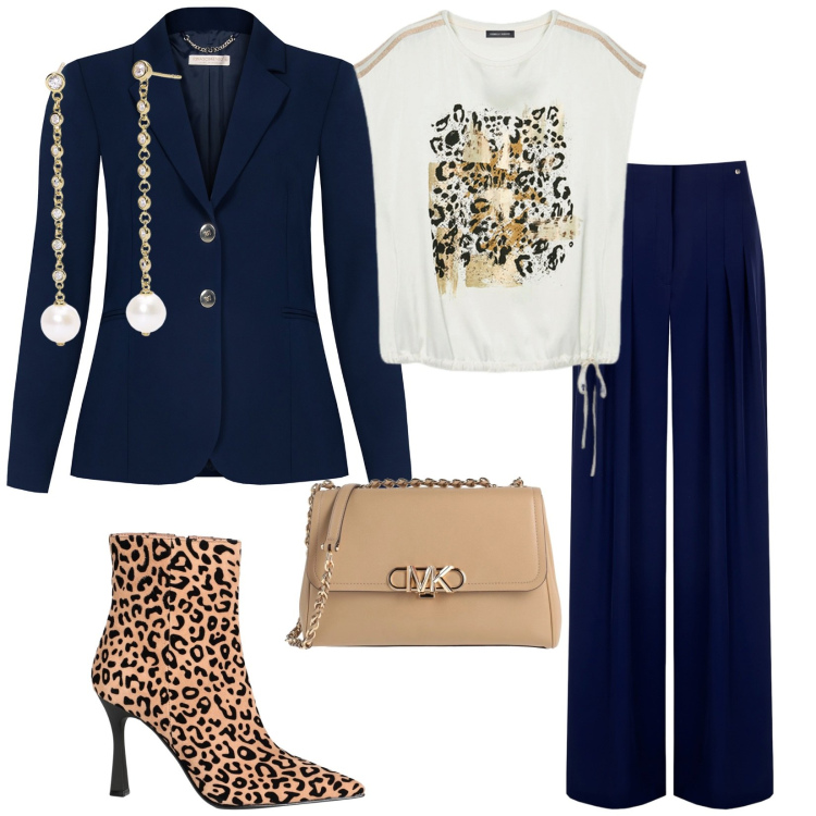 Outfit donna - Basic. per Tutti i giorni. Abbinamento con stivaletti, borse a tracolla, orecchini, pantaloni a palazzo, blazer, t-shirt.