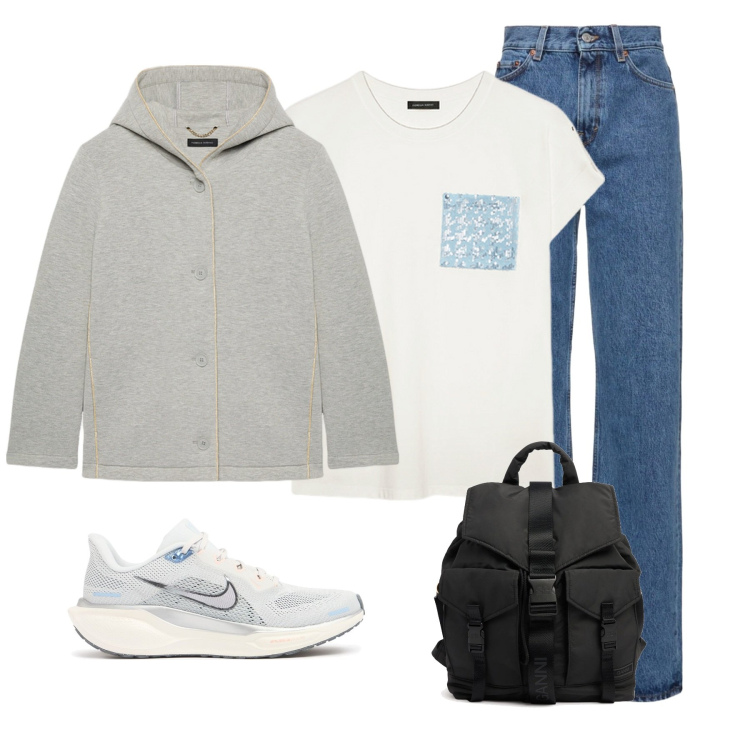 Outfit donna - Sportiva con la giacca grigia. Stile Casual per Tutti i giorni. Abbinamento con t-shirt, blazer, zaini, jeans, sneakers.