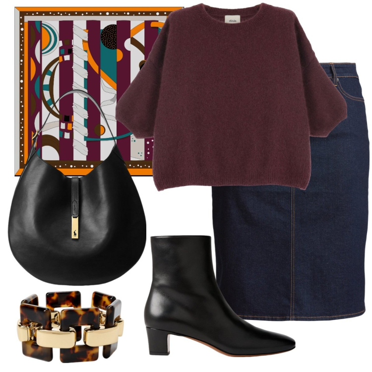 Outfit donna - Total look #2050042. Stile Sporty chic per Ufficio. Abbinamento con pullovers, borse a spalla, stivaletti, gonne, braccialetti, foulard.