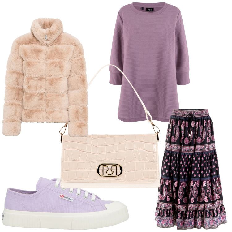 Outfit donna - Etno inverno. Stile Boho per Tutti i giorni. Abbinamento con gonne lunghe, ecopellicce, felpe, sneakers, borse a tracolla.