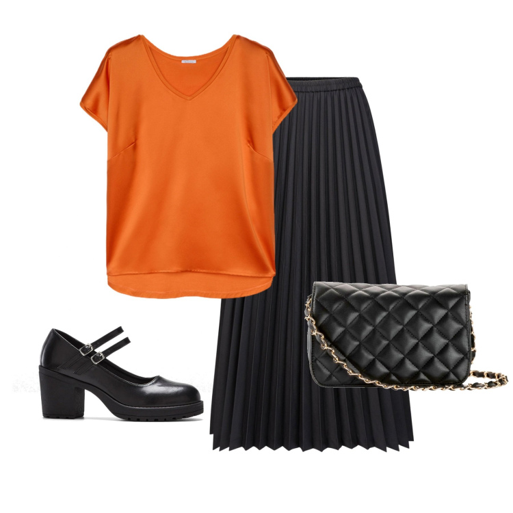 Outfit donna - Maglia arancione. Stile Chic per Serata fuori. Abbinamento con borse a tracolla, décolleté, gonne longuette, t-shirt.