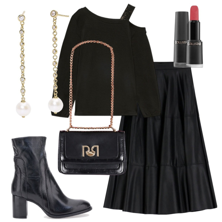 Outfit donna - Total look #2050047. Stile Chic per Serata fuori. Abbinamento con rossetti, orecchini, borse a tracolla, gonne longuette, stivaletti, top.