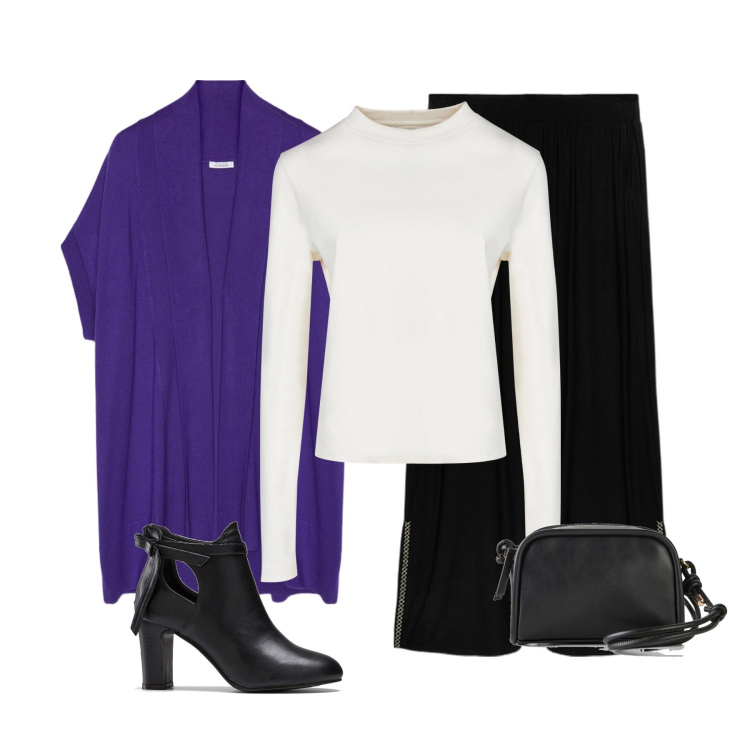 Outfit donna - Cardigan nero. Stile Casual chic per Serata fuori. Abbinamento con stivaletti, borse a tracolla, cardigans, pantaloni a palazzo, t-shirt.