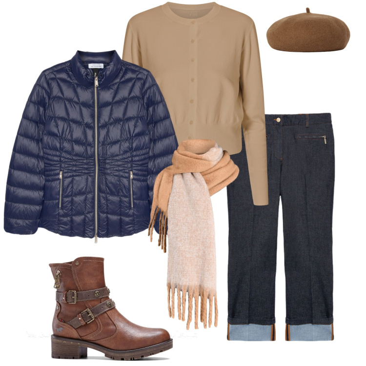 Outfit donna - In città. Stile Casual chic per Tutti i giorni. Abbinamento con stivaletti, cardigans, sciarpe, cappelli e berretti, piumini, jeans dritti.