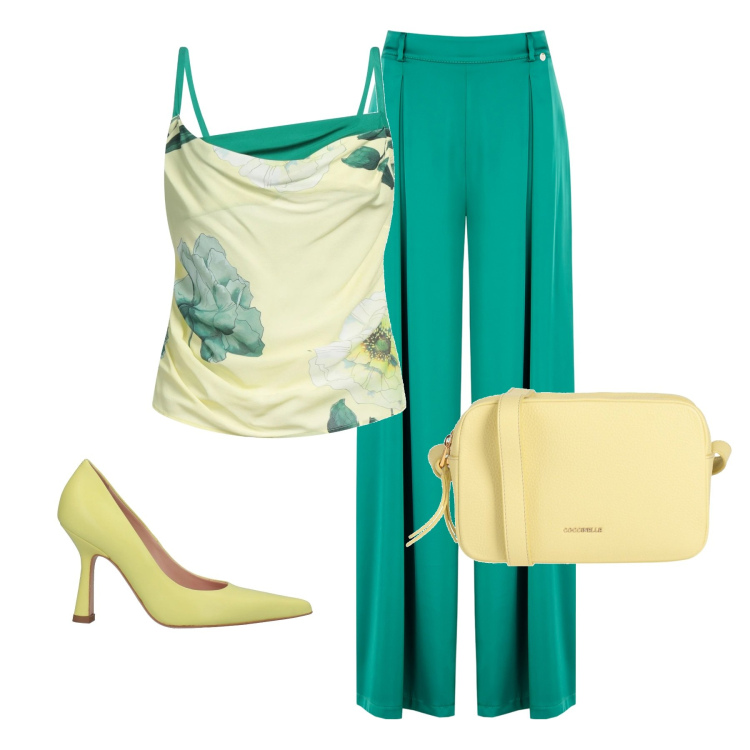 Outfit donna - Giallo e verde. Stile Chic per Cerimonia. Abbinamento con décolleté, top, borse a tracolla, pantaloni a palazzo.