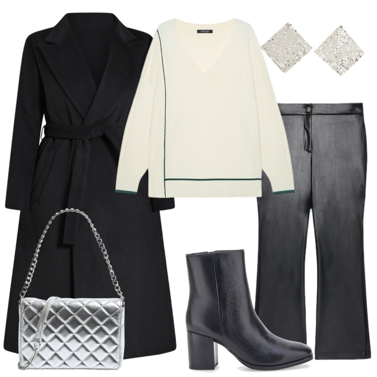 Outfit donna - Total look #2050060. Stile Chic per Serata fuori. Abbinamento con orecchini, borse a tracolla, cappotti, stivaletti, maglieria, pantaloni.