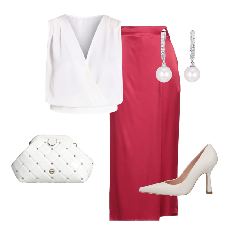Outfit donna - Gonna midi rossa. Stile Chic per Cerimonia. Abbinamento con pantaloni, borse a mano, décolleté, orecchini, top.