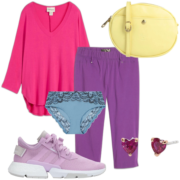 Outfit donna - Colorí sognando primavera. Stile Trendy per Tutti i giorni. Abbinamento con culotte, maglieria, pantaloni, sneakers, borse a tracolla, orecchini.