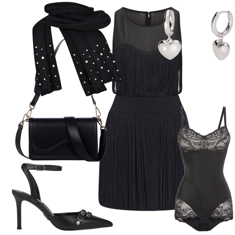 Outfit donna - San Valentino in black. Stile Glamour per Serata fuori. Abbinamento con body, décolleté, orecchini, vestiti corti, sciarpe, pochette.