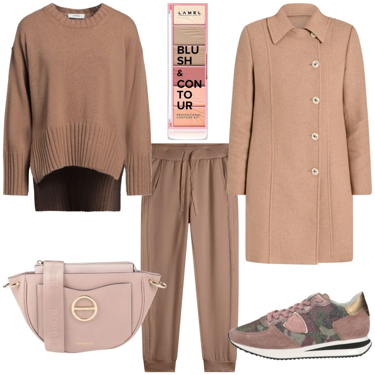 Outfit donna - Mocha Mousse Pantone sporty chic. Stile Sporty chic per Tutti i giorni. Abbinamento con borse a tracolla, sneakers, pullovers, blush, cappotti, pantaloni.
