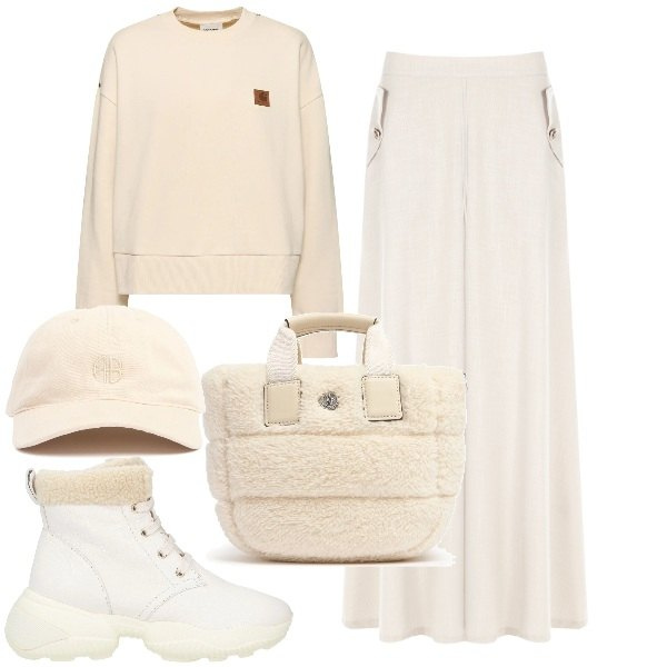 Outfit donna - Bianco inverno. Stile Sporty chic per Tutti i giorni. Abbinamento con stivaletti, gonne lunghe, cappelli, felpe, borse tote.