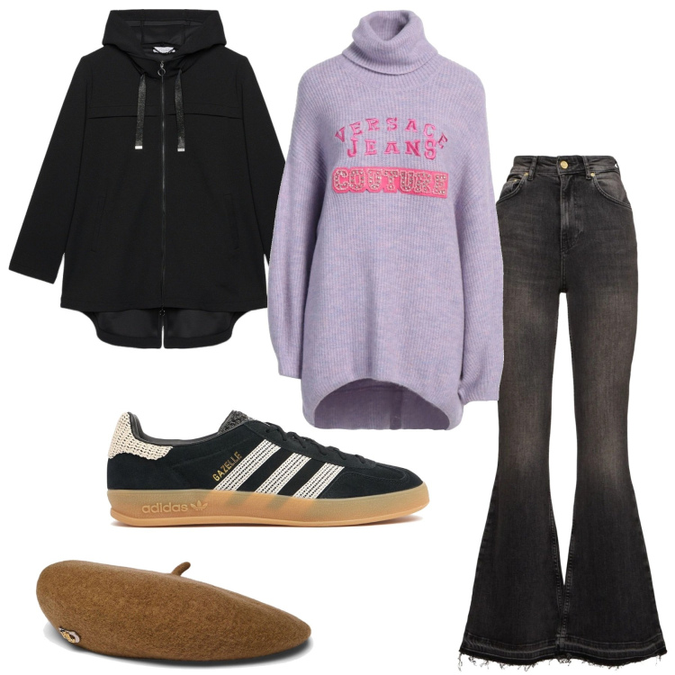 Outfit donna - \'70. Stile 70s per Tutti i giorni. Abbinamento con cappelli e berretti, maglieria, parka, jeans, sneakers.