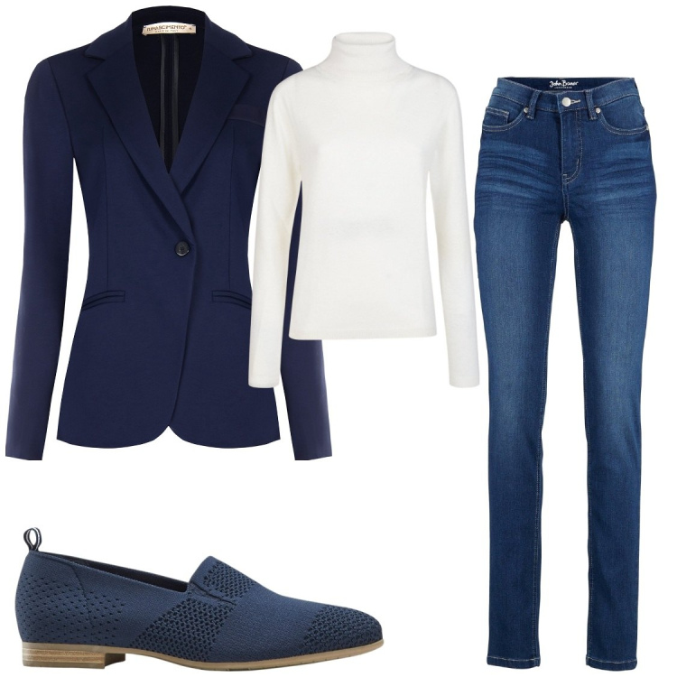 Outfit donna - I jeans per l\'ufficio. Stile Bon Ton per Ufficio. Abbinamento con jeans slim fit, mocassini, blazer, maglieria.