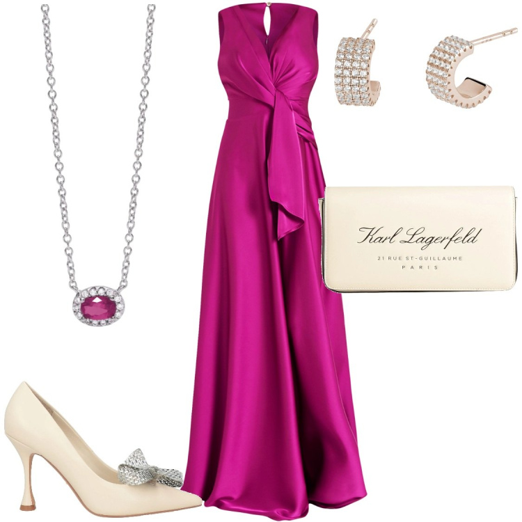 Outfit donna - Proposta a San valentino. Stile Bon Ton per Serata fuori. Abbinamento con décolleté, borse a mano, orecchini, collane, vestiti lunghi.