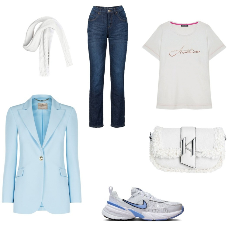 Outfit donna - Casual per l\'ufficio. Stile Casual per Ufficio. Abbinamento con jeans dritti, borse a spalla, blazer, sciarpe, t-shirt, sneakers.