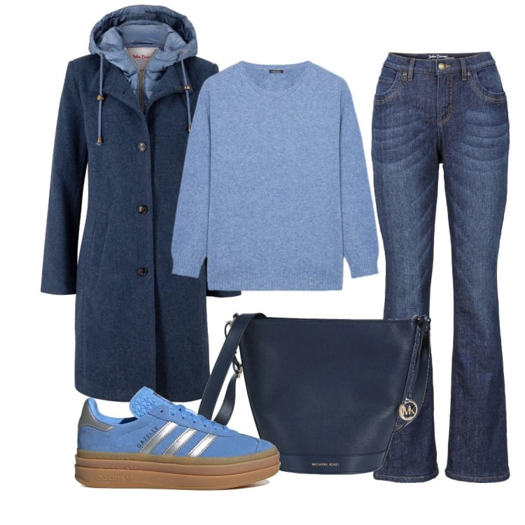 Outfit donna - Blu. Stile Casual per Tutti i giorni. Abbinamento con cappotti, jeans bootcut, borse a spalla, sneakers, maglieria.