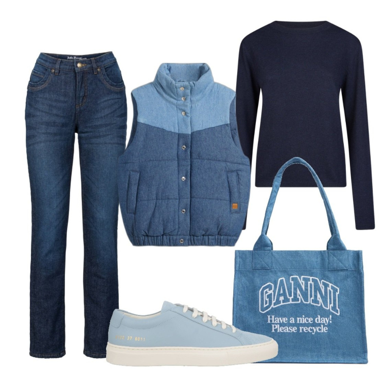 Outfit donna - Blu. Stile Casual per Tutti i giorni. Abbinamento con gilet, jeans dritti, sneakers, maglieria, shopping bag.