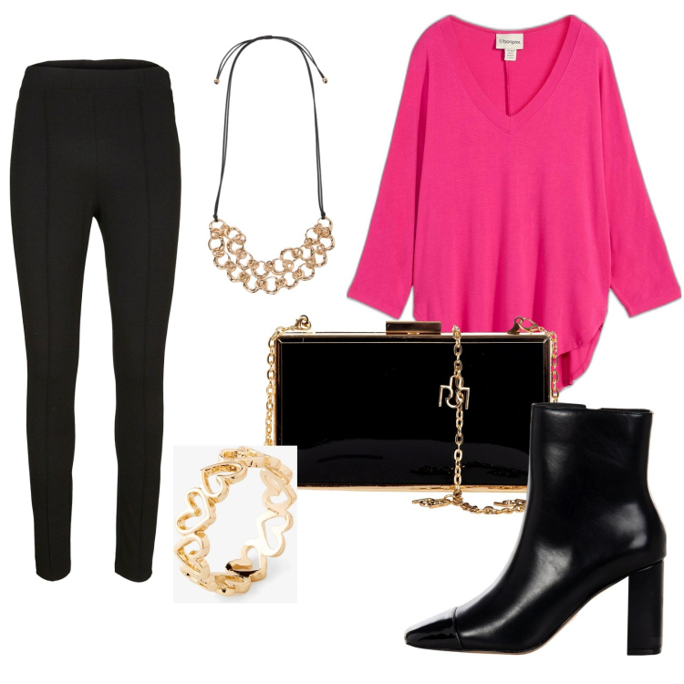 Outfit donna - Total look #2050115. Stile Trendy per Tutti i giorni. Abbinamento con anelli, pantaloni, maglieria, pochette, stivaletti, collane.