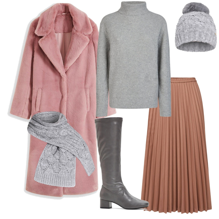 Outfit donna - In città. Stile Casual chic per Tutti i giorni. Abbinamento con ecopellicce, stivali, berretti, sciarpe, maglieria, minigonne.