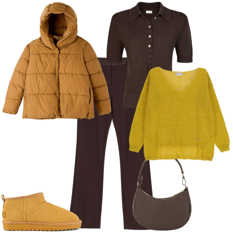 Outfit donna - Total look #2050156. Stile Sporty chic per Ufficio. Abbinamento con piumini, maglieria, pantaloni, borse a spalla, polo, stivali.