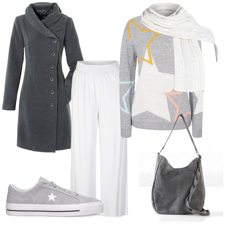 Outfit donna - bianco e grigio. Stile Trendy per Tutti i giorni. Abbinamento con pantaloni, borse a mano, cappotti, maglieria, sciarpe, sneakers.