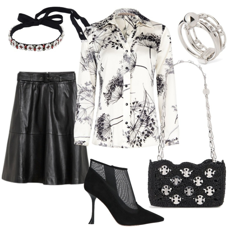 Outfit donna - La raffinata camicia stampata. Stile Chic per Serata fuori. Abbinamento con gonne, stivaletti, camicie, anelli, collane, borse a spalla.