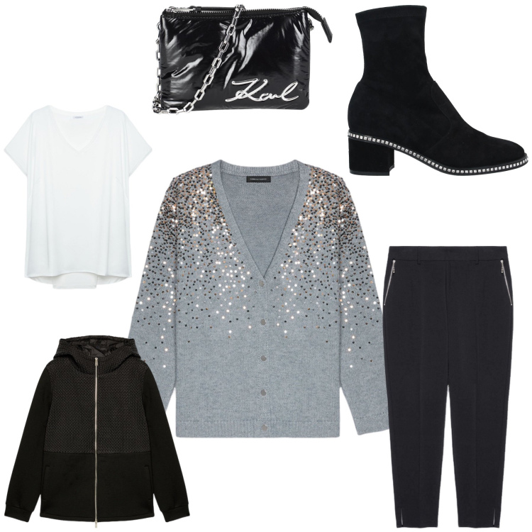 Outfit donna - Total look #2050167. Abbinamento con stivaletti, borse a mano, t-shirt, cardigans, pantaloni, blazer.